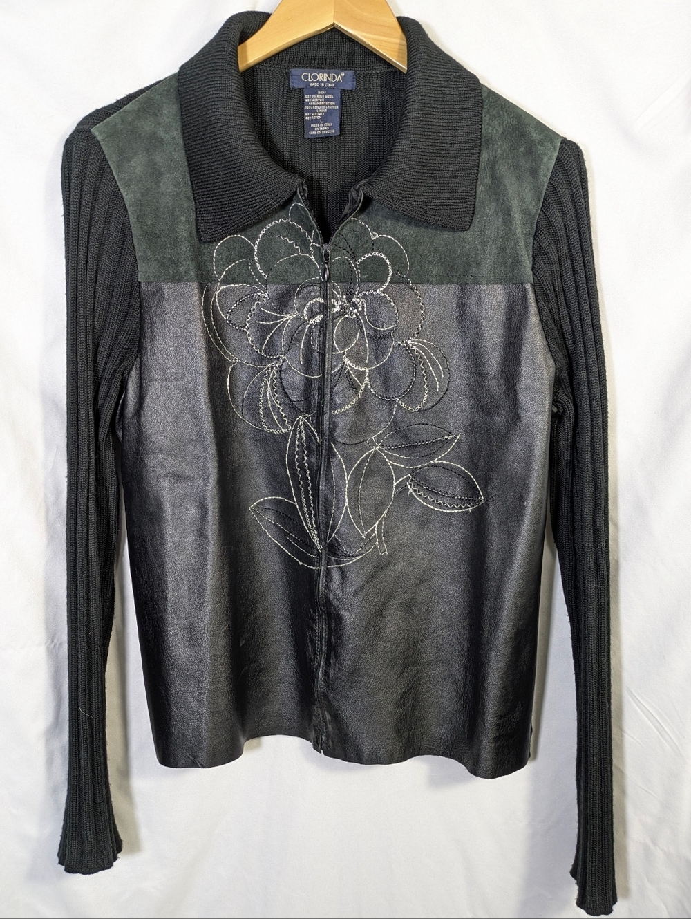 Corlinda Made In Italy Wool Leather‎ Blend Embroidered Front Zip Cardigan Sz L
